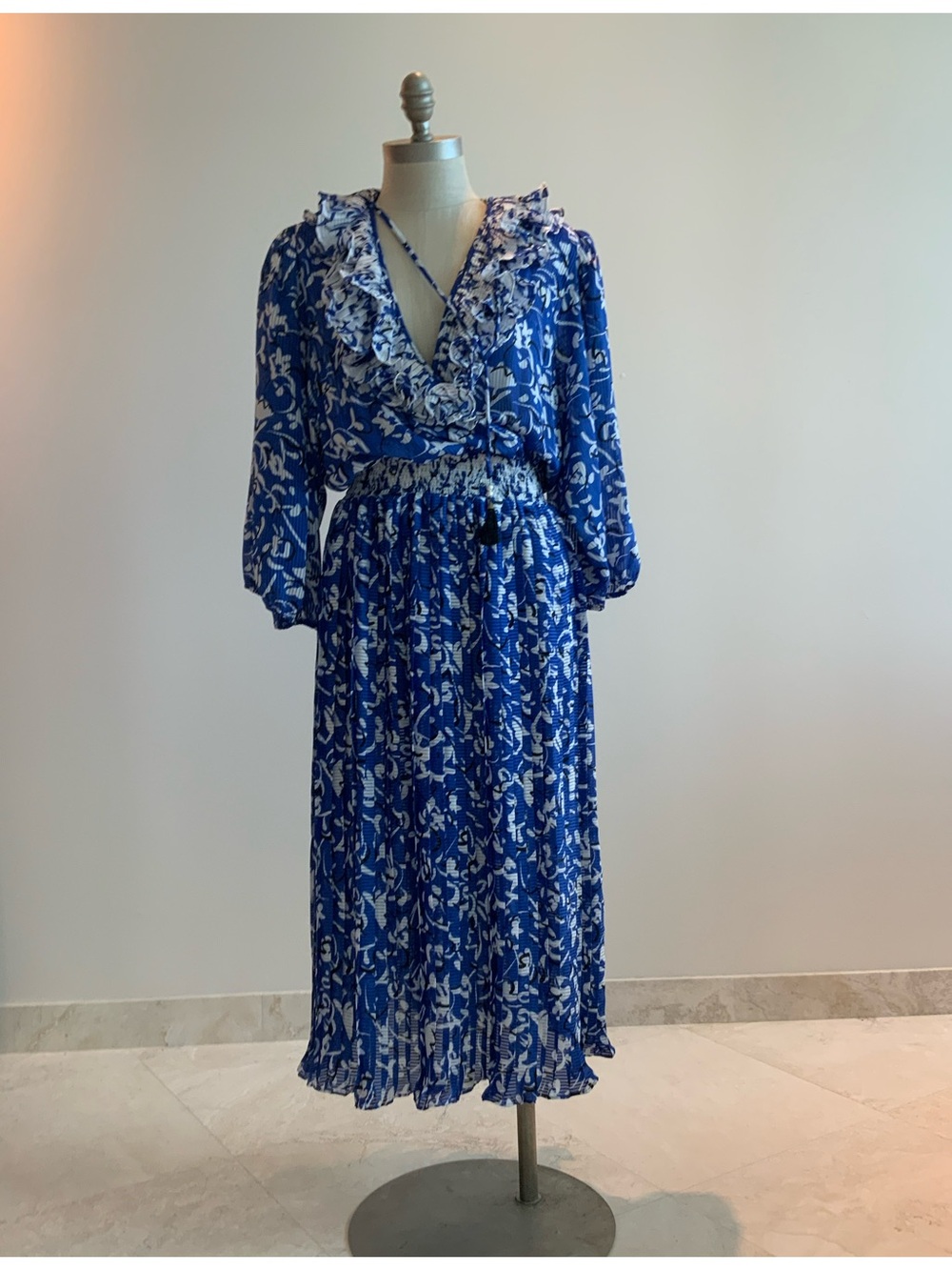 Retro 80’s Blue/ White Floral Ruffle-Trim Midi Pleated Dress Sz Large
